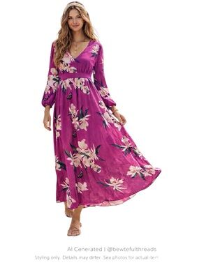Floral Maxi Dress Empire Waist A Line Long Sleeve Resort M L
